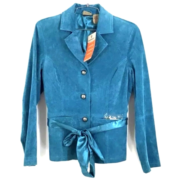 NWT RUFF HEWN WOMENS BLUE LEATHER TIE WASTE JACKET - Picture 1 of 8
